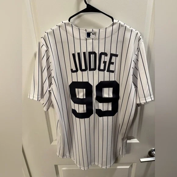 Aaron Judge x Nike White Pinstripe Baseball Jersey with Navy Stripes - Picture 2 of 4
